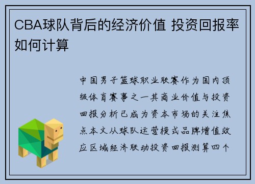 CBA球队背后的经济价值 投资回报率如何计算
